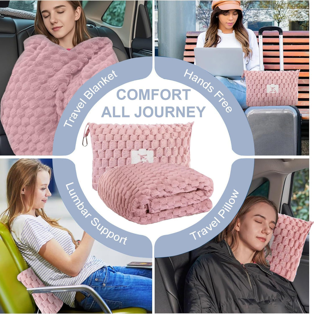 Flanellen reisdeken Trevora in vliegtuig. Compact, zacht en warm voor extra comfort tijdens lange vluchten.