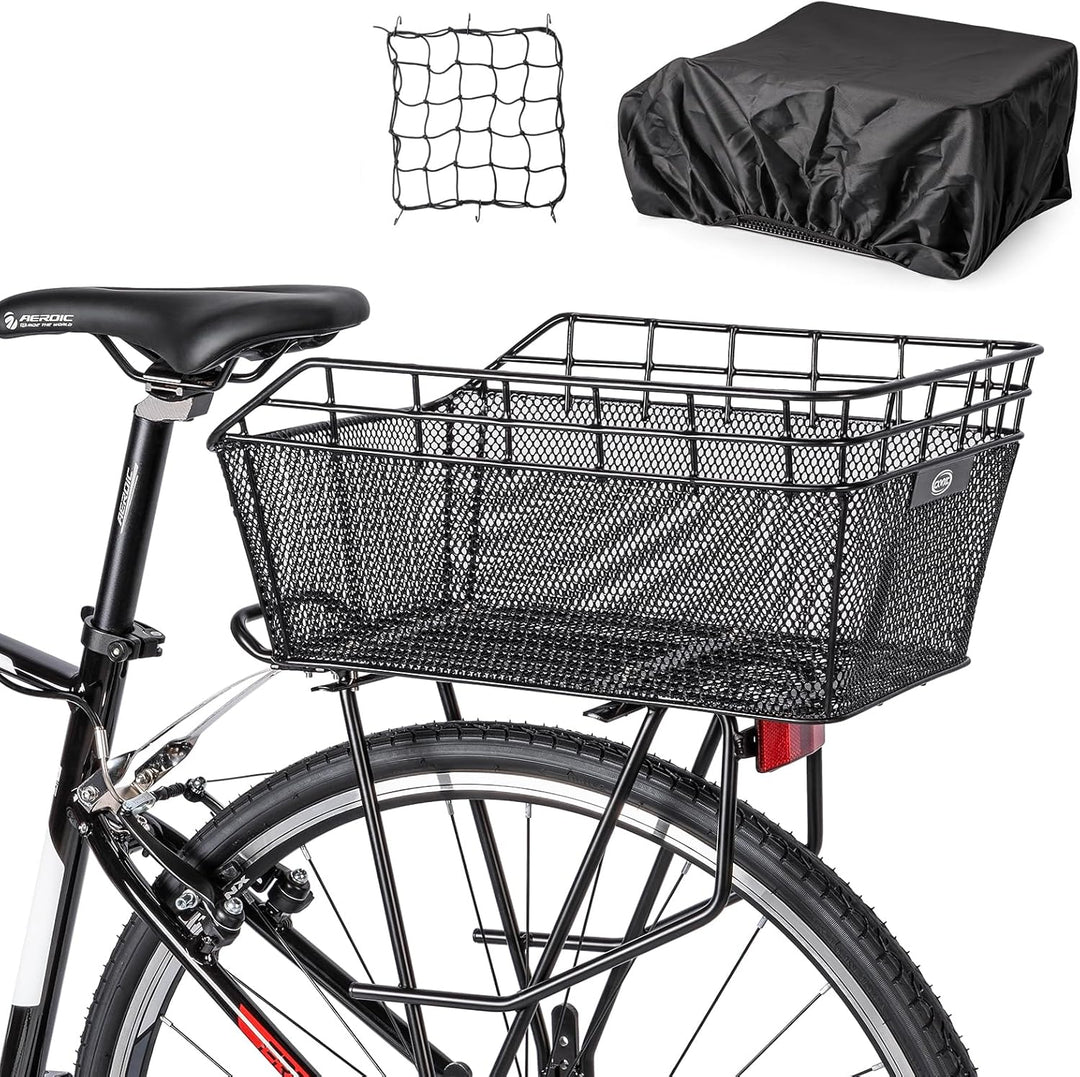 Grote Orvian achterfietsmand van robuust staal met waterdichte hoes voor e-bikes en stadsfietsen, ideaal voor boodschappen.