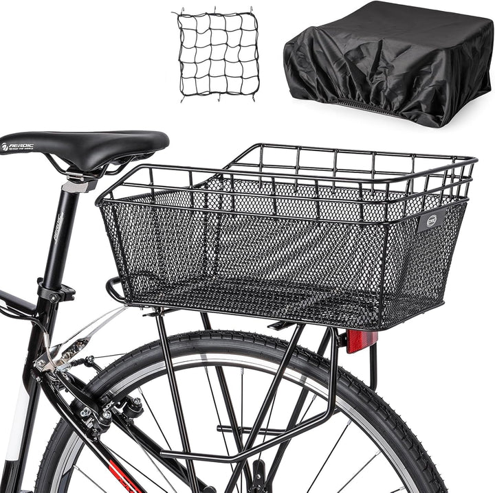 Grote Orvian achterfietsmand van robuust staal met waterdichte hoes voor e-bikes en stadsfietsen, ideaal voor boodschappen.