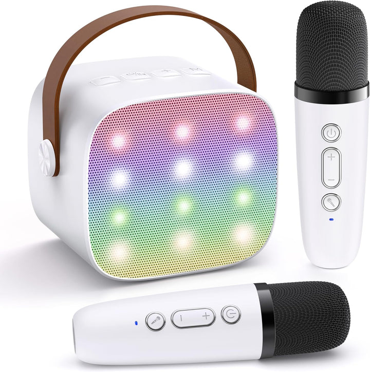 Veylo mini karaoke voor volwassenen en kinderen; draagbaar met draadloze mics en speaker.