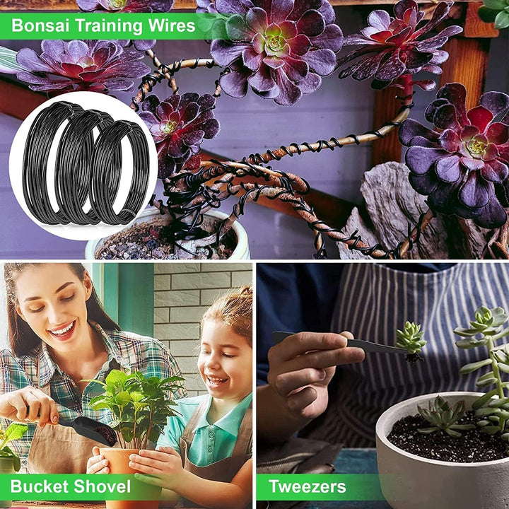 Luxe Sevora bonsai set met 24 koolstofstaal gereedschappen netjes opgeborgen in een stijlvolle PU lederen tas.
