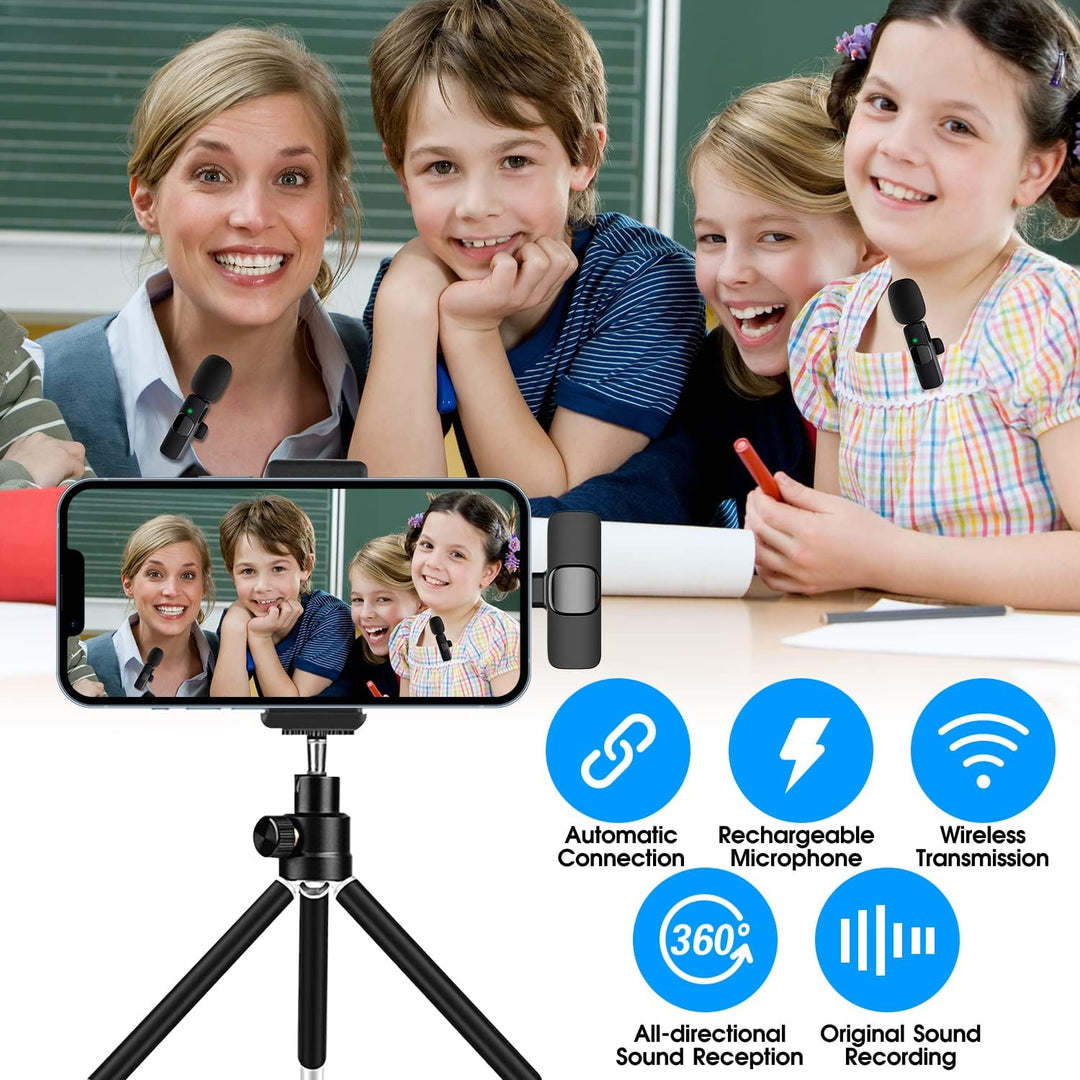 Compacte draadloze microfoonset (2x) voor iPhone en iPad; perfect voor draagbaar podcasten.