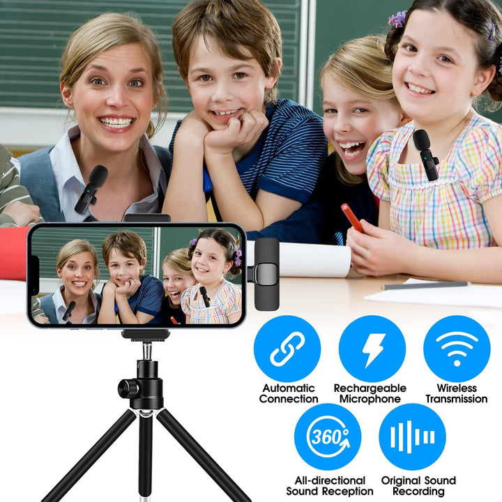 Compacte draadloze microfoonset (2x) voor iPhone en iPad; perfect voor draagbaar podcasten.