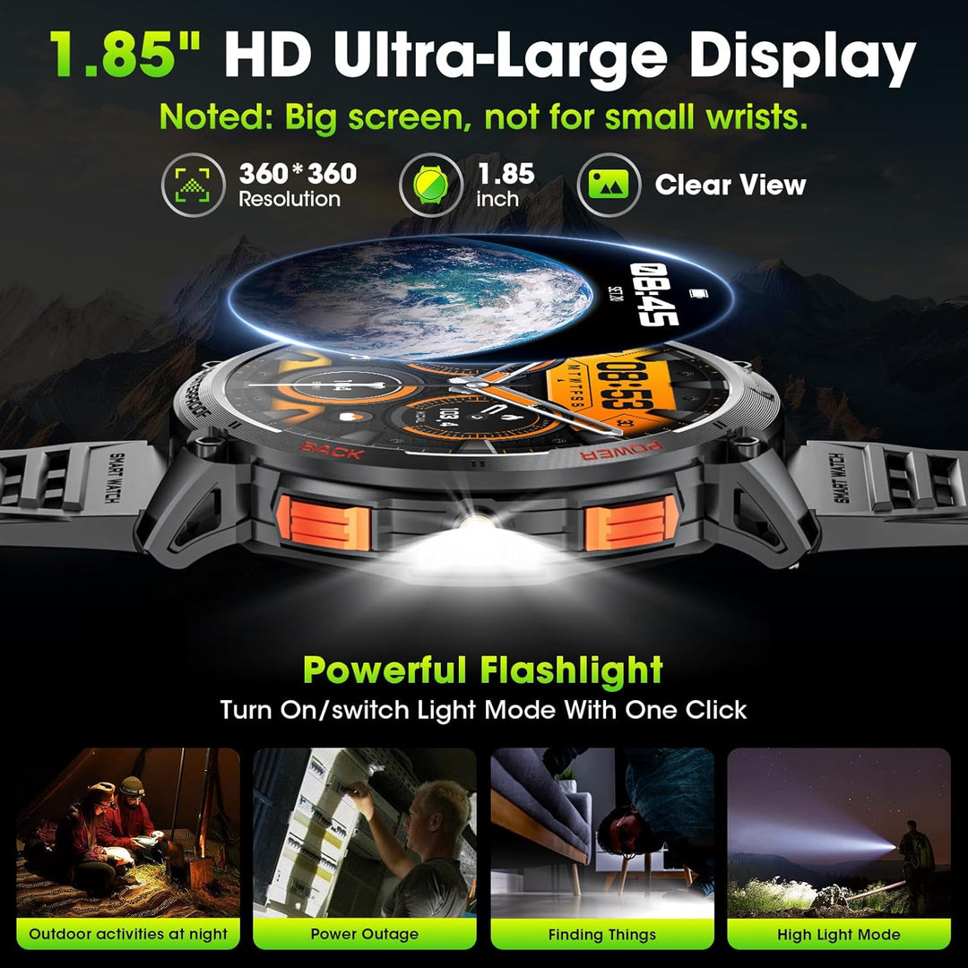 Militaire sporthorloge heren: waterdicht, fitness tracker en zaklamp op een 1.85" HD scherm.