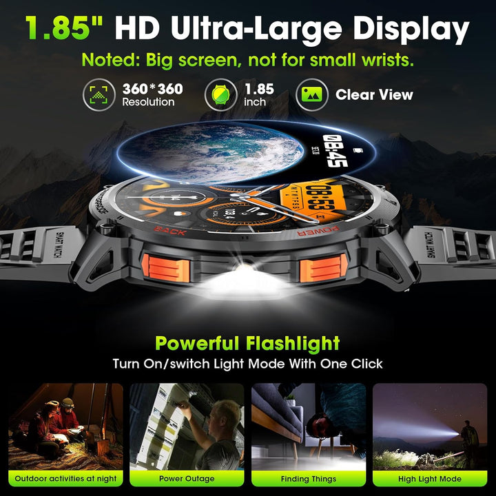 Militaire sporthorloge heren: waterdicht, fitness tracker en zaklamp op een 1.85" HD scherm.