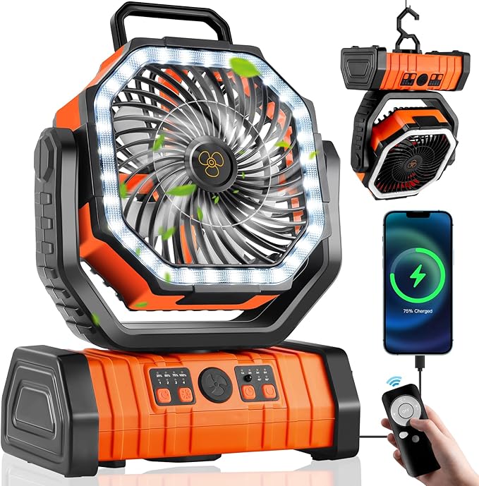 Draadloze camping ventilator met LED licht en powerbank functie. Ideaal voor koeling en verlichting tijdens kamperen.