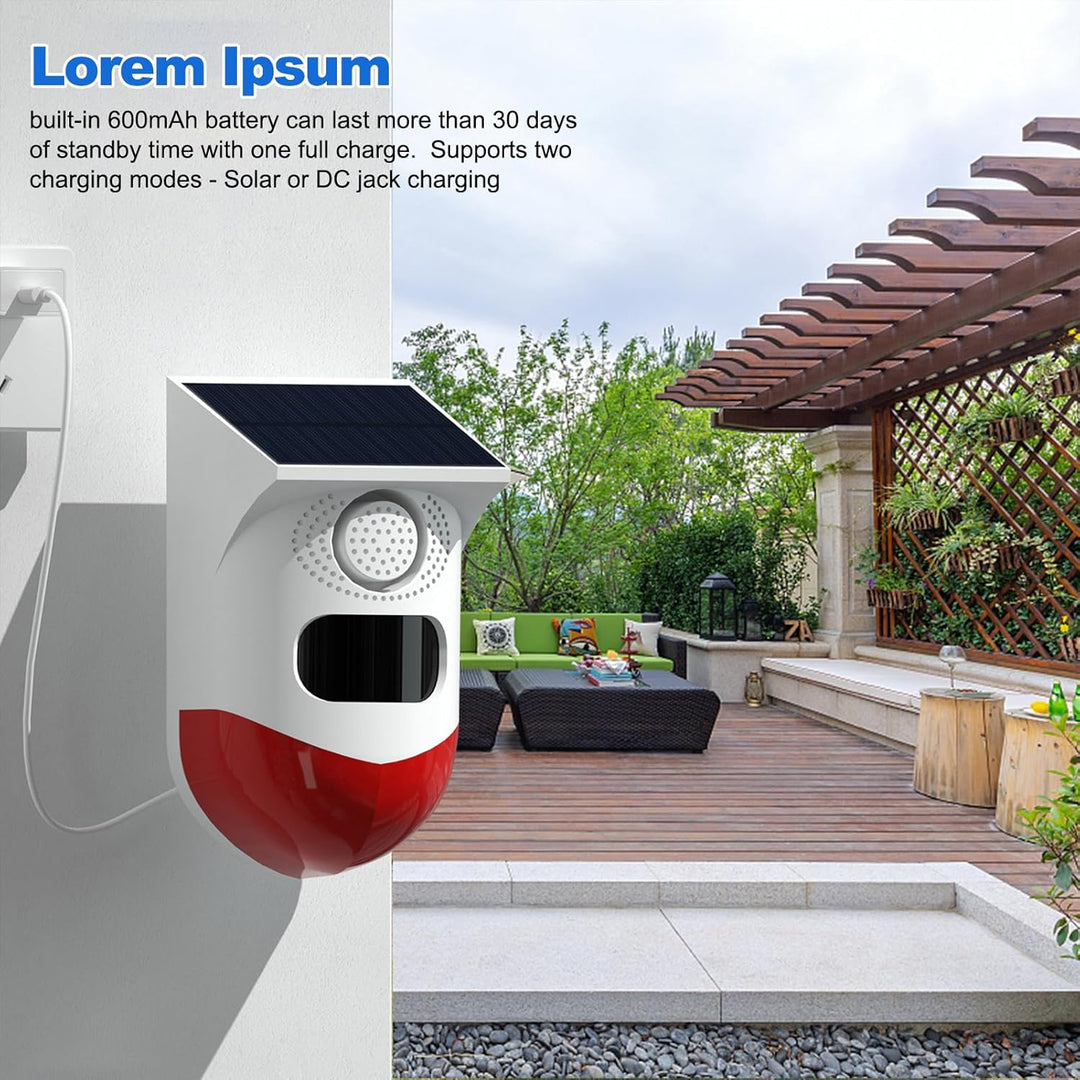 Innovatief Feronix zonne-alarm: bewegingssensor, 120dB sirene, LED-stroboscoop. Autonome beveiliging zonder stroom.