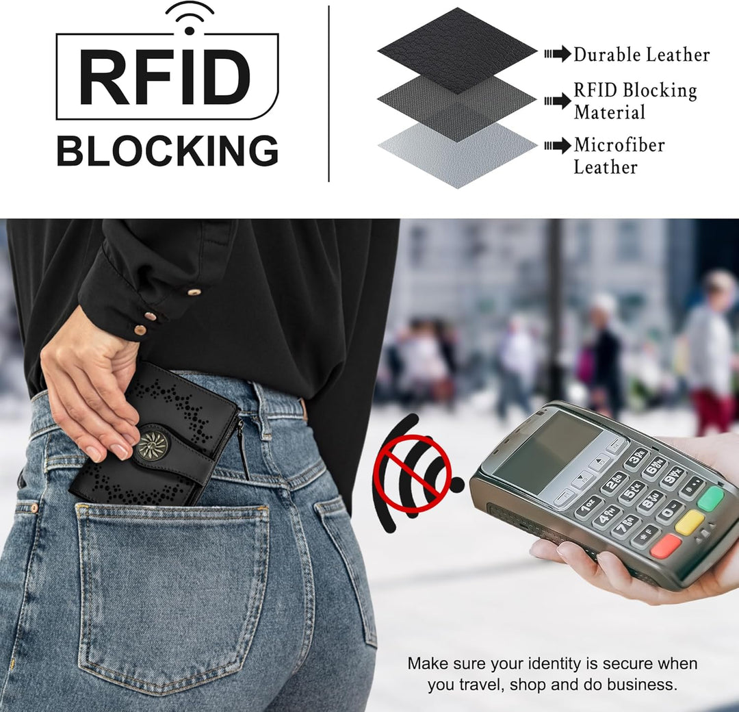 Praktische dunne portemonnee voor dames, bifold, met veilige RFID en ritsvak.
