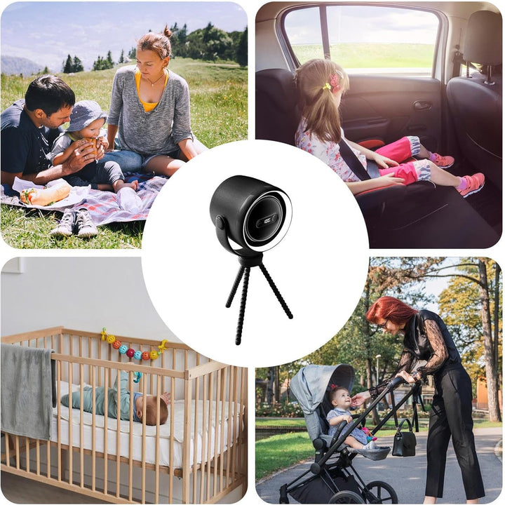 Babyventilator met klem voor kinderwagen, oplaadbaar en voorzien van rustgevend nachtlampje.