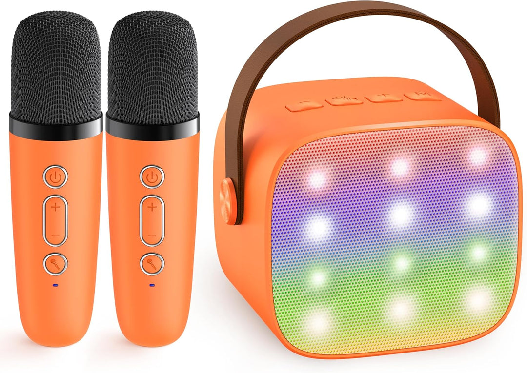 Zilver-zwarte Veylo draagbare karaoke machine met twee draadloze microfoons voor zangplezier.