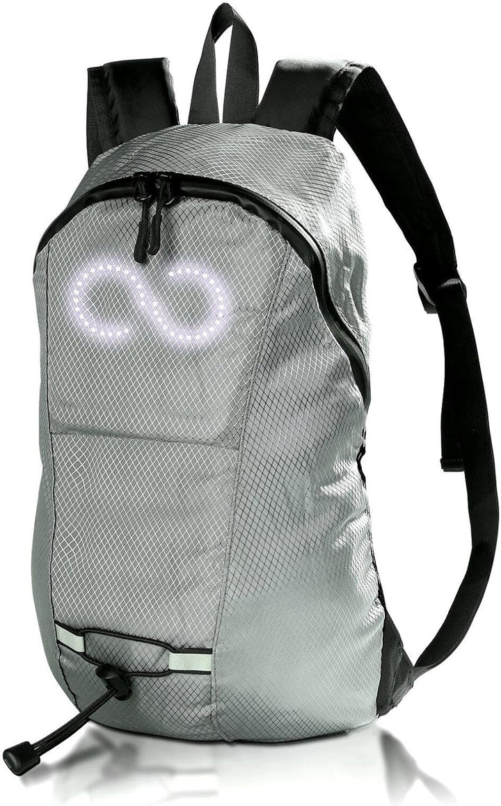 Unisex LED reisrugzak, waterdicht, toont dynamisch lichtpatroon op rug. Perfect voor veilige avondtochten.