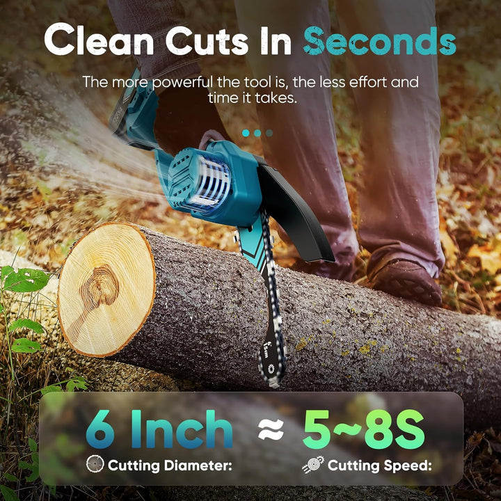 De TimberCut draadloze kettingzaag 6 inch in actie, gebruikt voor efficiënt zagen van takken.