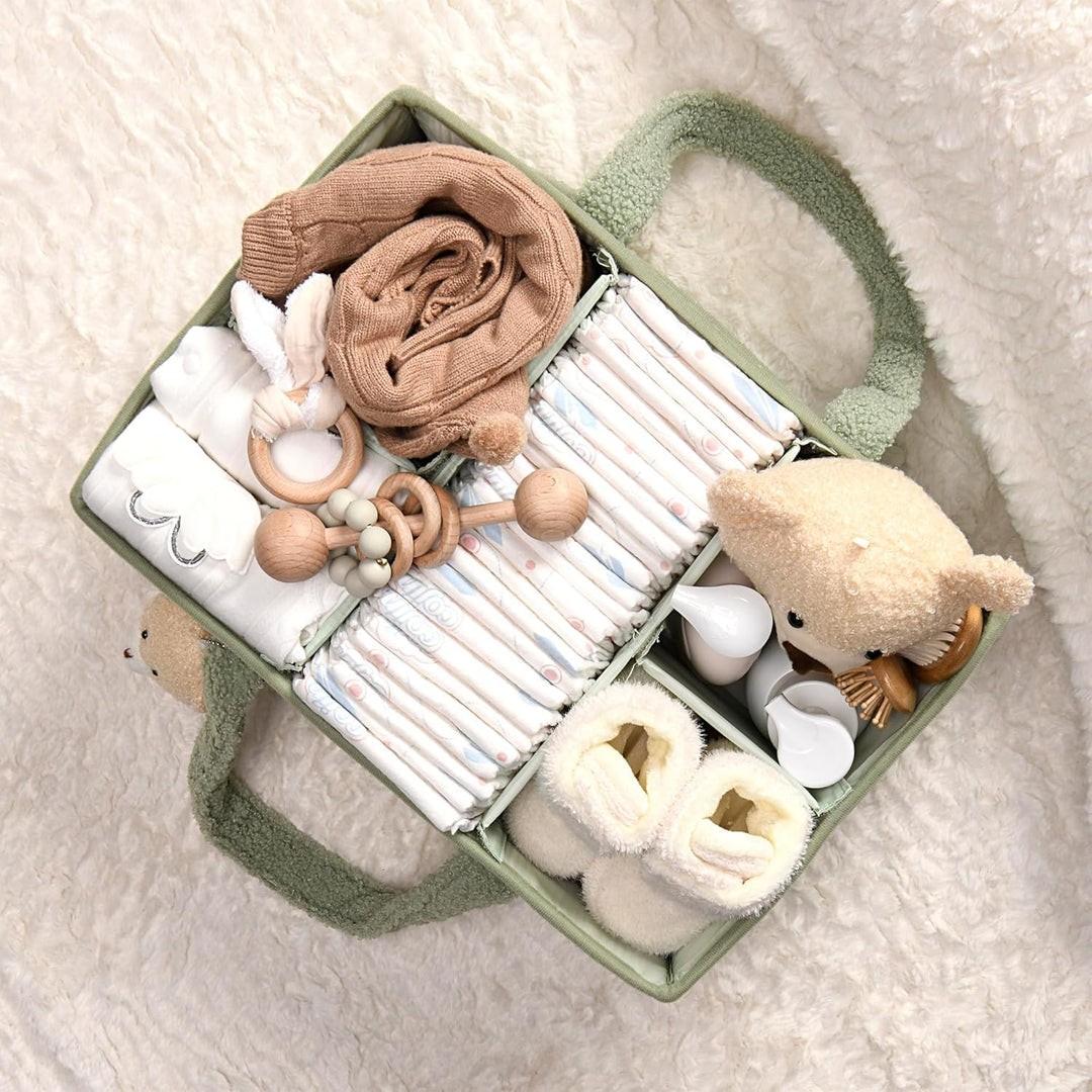 Roze sherpa caddy, pluche opbergmand met compartimenten, ideaal kraamcadeau.