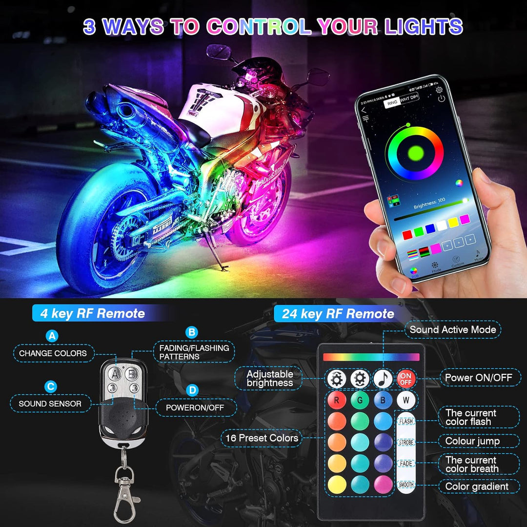RGB LED motor verlichtingskit met app bediening voor custom tuning; waterdicht, geschikt voor elke motorfiets.