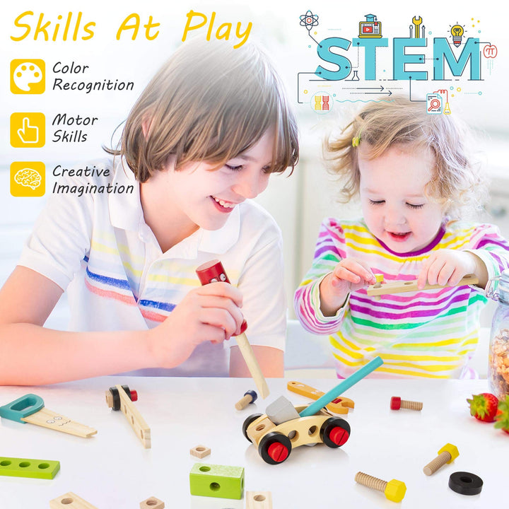 Kleurrijke houten gereedschapskist, een ideaal cadeau voor kinderen. Stimuleert creatief en educatief spel bij peuters/kleuters.