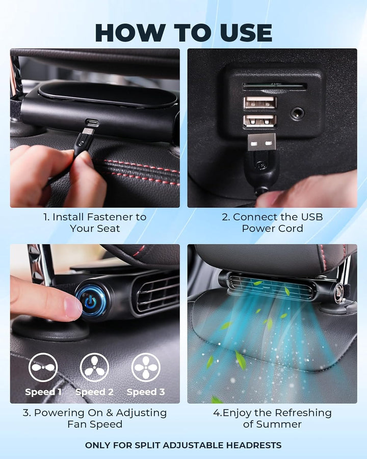 Krachtige USB auto koelventilatoren (set van 2) voor snelle ventilatie en verkoeling aan de hoofdsteun gemonteerd.