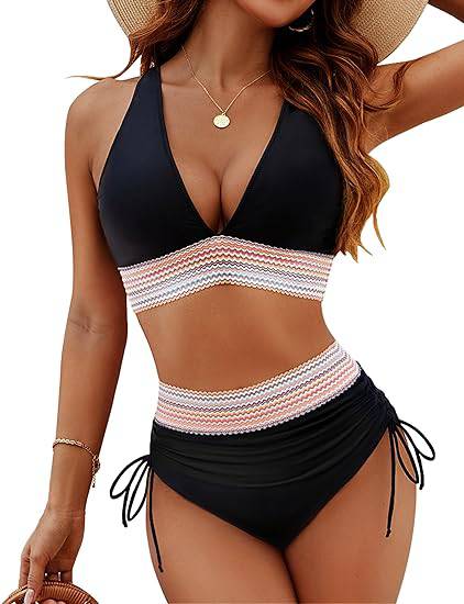 Elegante corrigerende bikini voor vrouwen, hoge taille, buikcontrole en chic kleurblok ontwerp.
