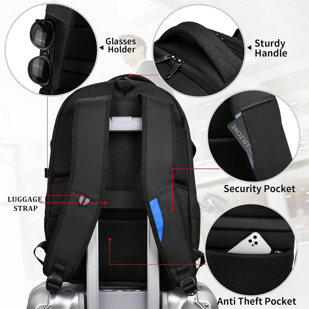 Anti-diefstal rugzak voor laptop, waterbestendig en met externe USB-oplaadfunctie.