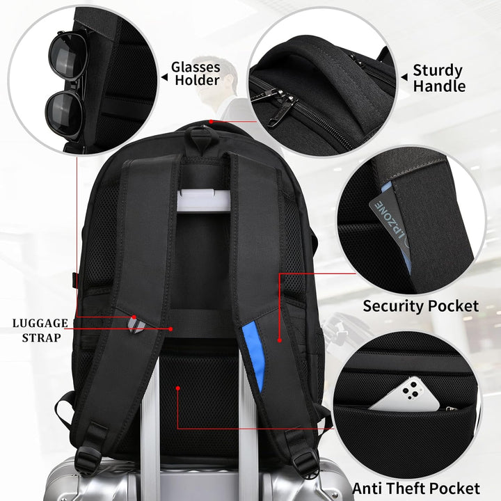 Anti-diefstal rugzak voor laptop, waterbestendig en met externe USB-oplaadfunctie.