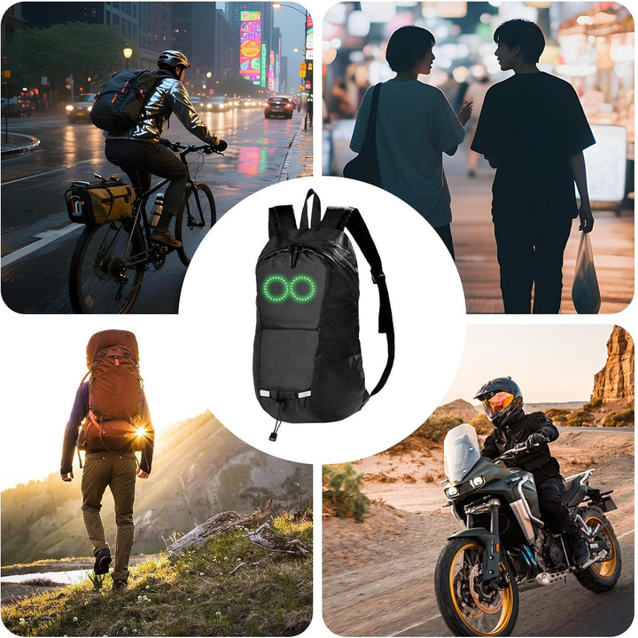 Zichtbare LED rugzak, waterdicht en comfortabel, perfect voor veilig fietsen en wandelen na zonsondergang.