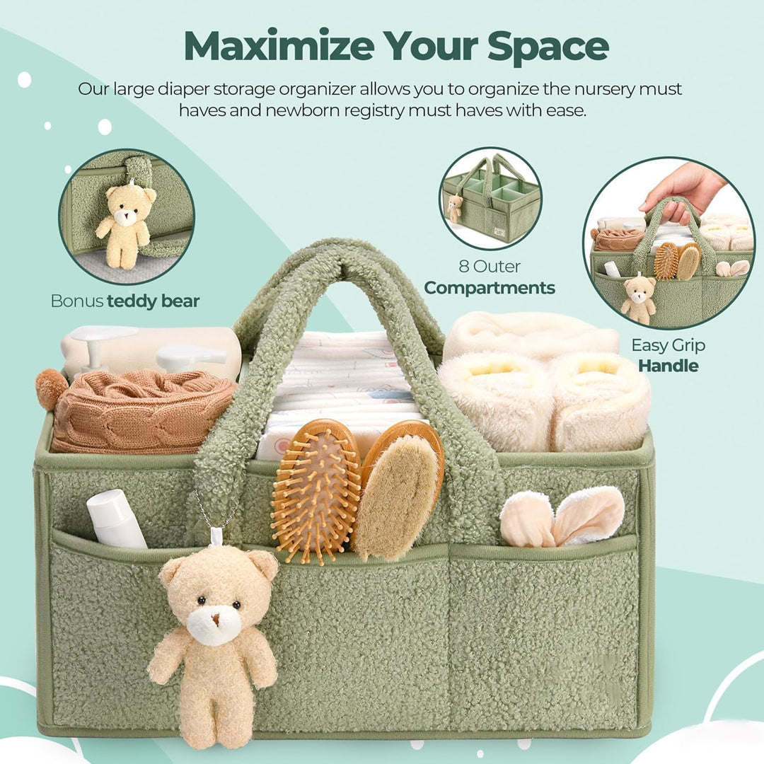Zachte sherpa luiertas caddy met handige vakken voor georganiseerde baby essentials.
