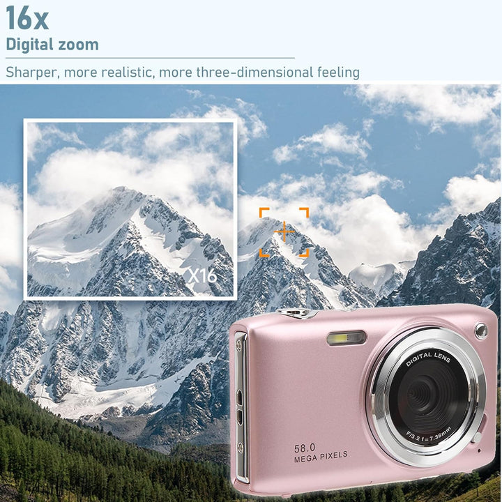 Roze Lumora compactcamera, de ideale 4K digitale camera voor studenten, 58MP, 16x zoom.