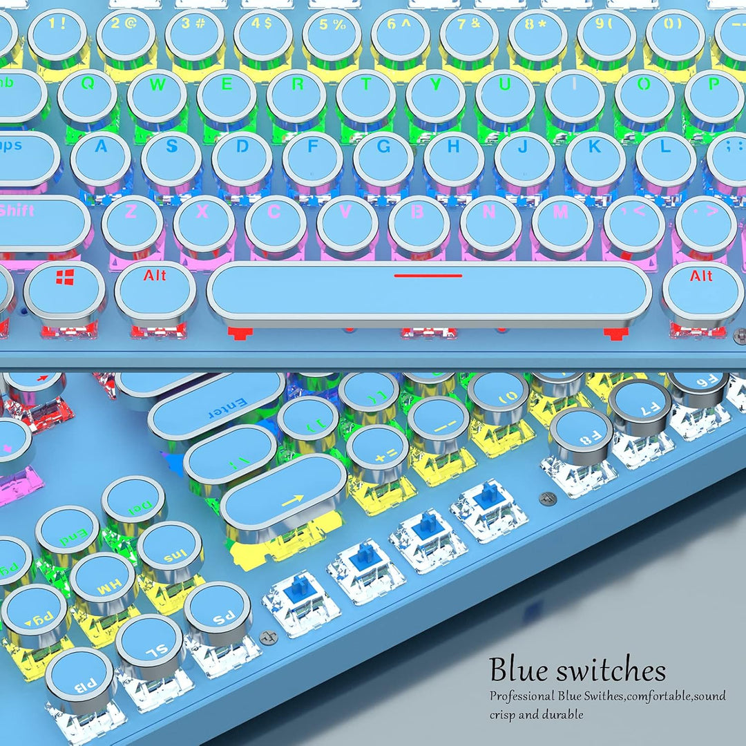 Compact mechanisch 87-toetsen toetsenbord met heldere RGB en tactiele blauwe switches.
