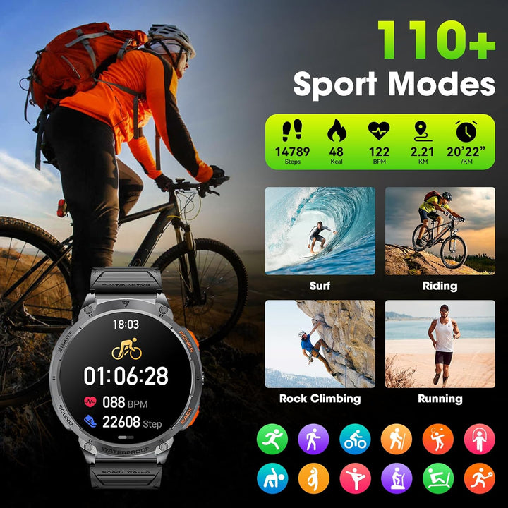 Militaire smartwatch heren: 1.85" HD, zaklamp, fitness tracking, waterdicht en lange batterijduur.