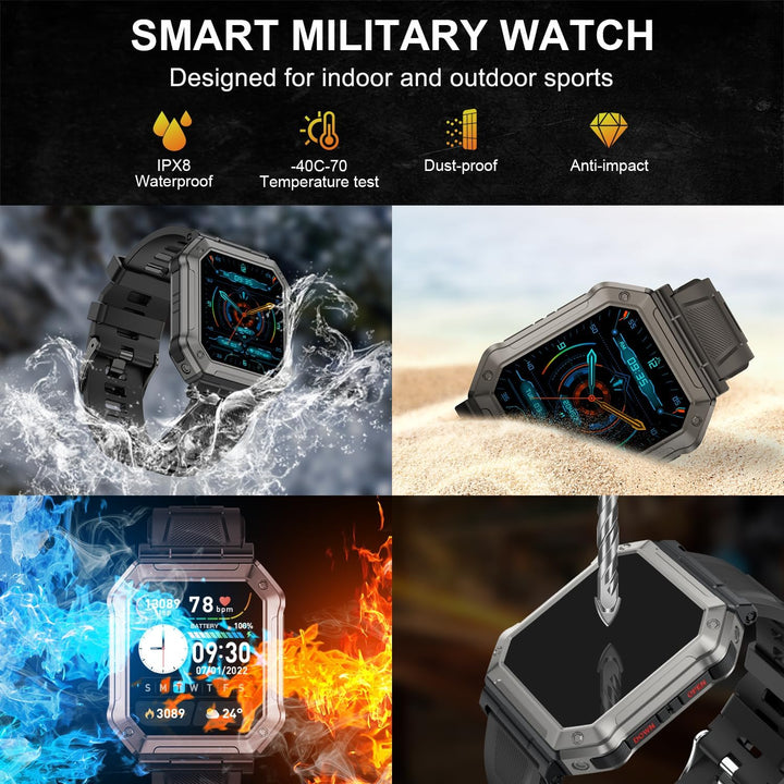 Robuuste militaire smartwatch Wayne voor heren, waterdicht en duurzaam, met uitgebreide fitness tracker.