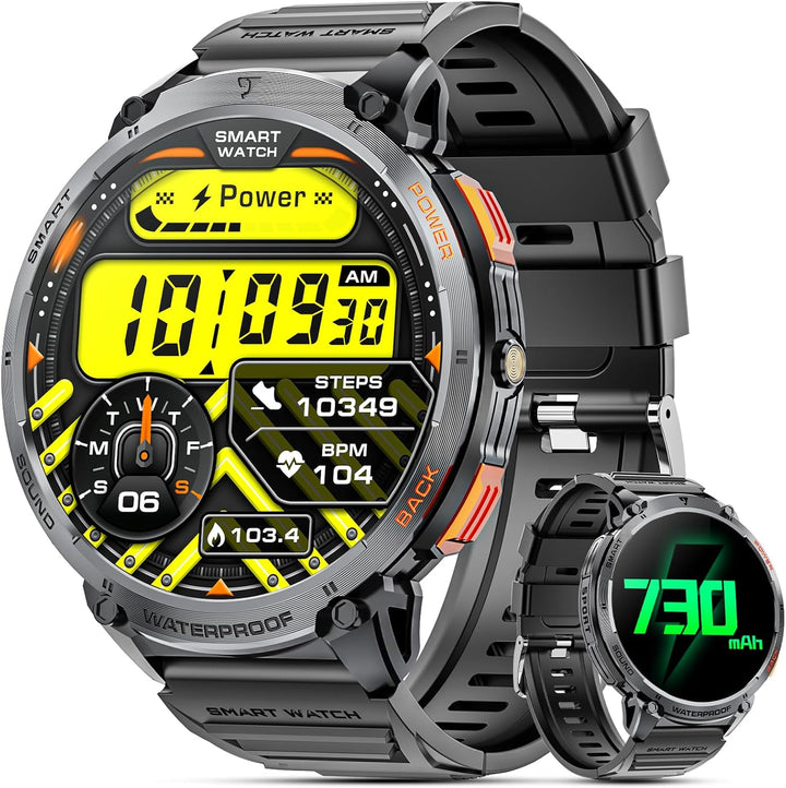 Heldere 1.85" HD display militaire smartwatch voor heren, toont meldingen en sportdata duidelijk.