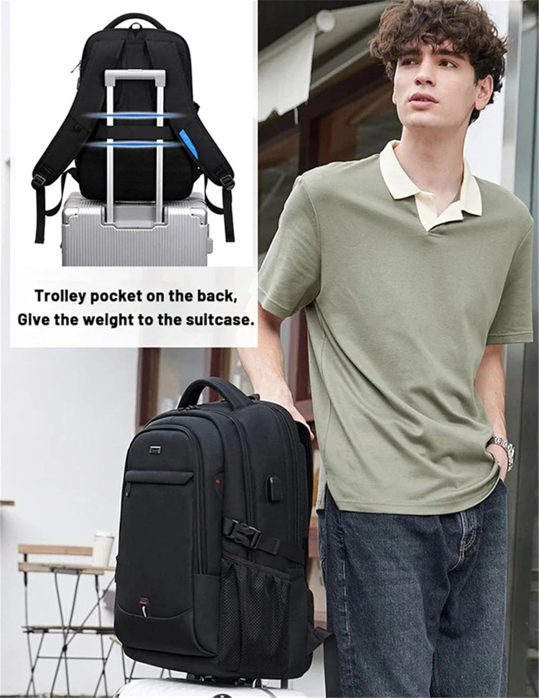 Unisex laptoprugzak op tafel met laptop en reisaccessoires; perfect georganiseerd voor werk en reizen.