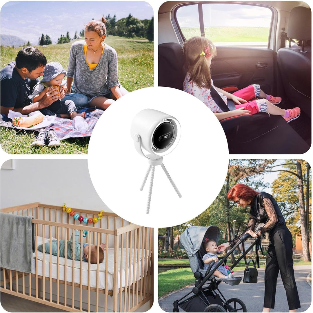 Clip-on kinderwagenventilator met nachtlampje, oplaadbaar via USB en verstelbaar in 100 snelheden.