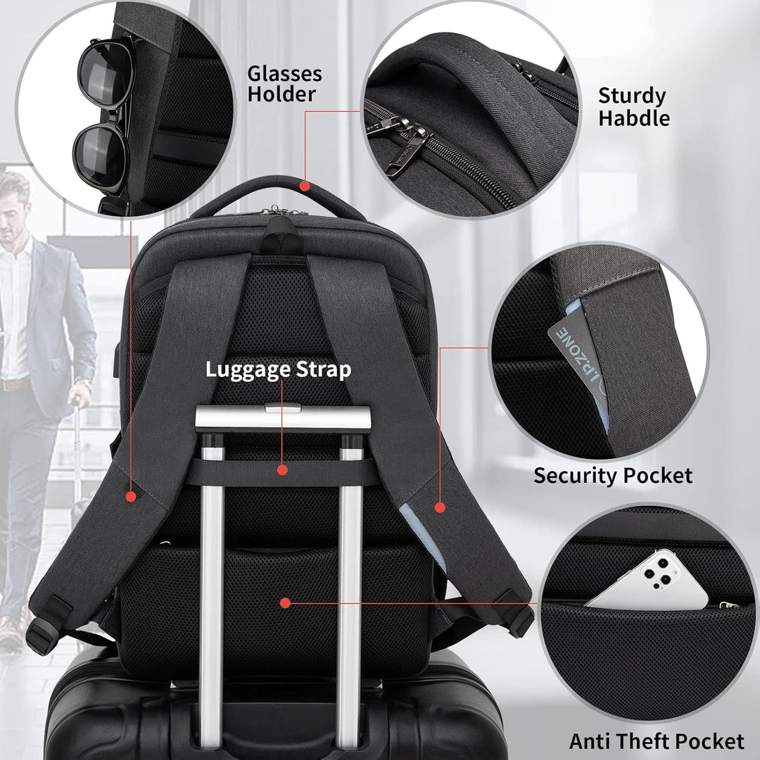 Comfortabele unisex reisrugzak, waterbestendig, met USB en georganiseerde opbergruimte.