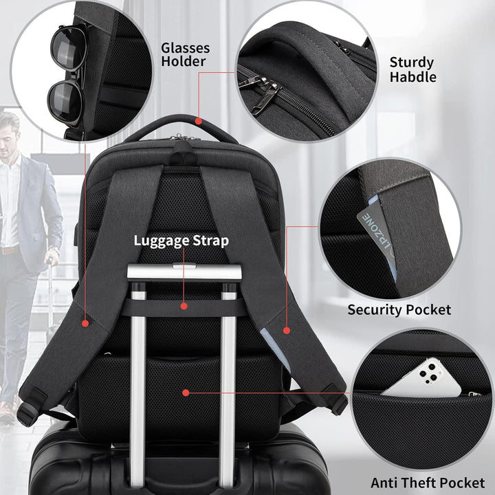 Comfortabele unisex reisrugzak, waterbestendig, met USB en georganiseerde opbergruimte.