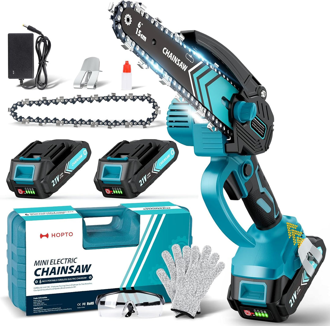 Draadloze mini kettingzaag 6 inch met 21V accu voor compact snoeiwerk en houtsnijden in de tuin.