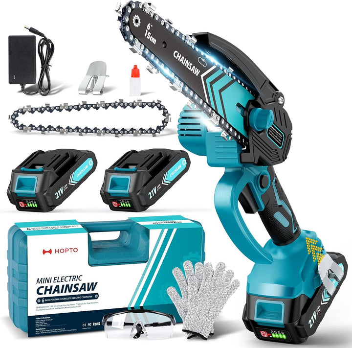 Draadloze mini kettingzaag 6 inch met 21V accu voor compact snoeiwerk en houtsnijden in de tuin.