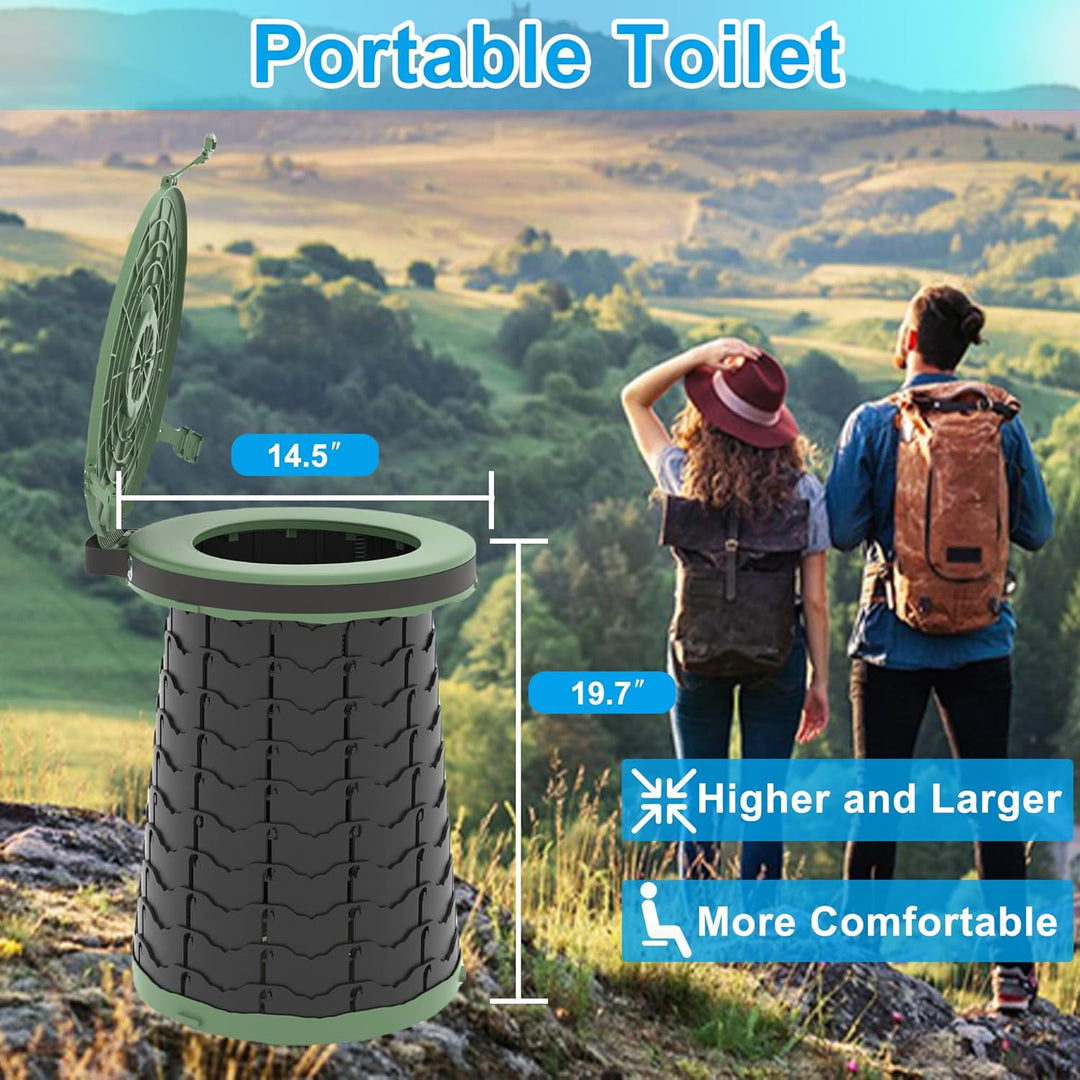 Opvouwbaar reis toilet met instelbare hoogte, essentieel voor avontuurlijke reizen en outdoor activiteiten.