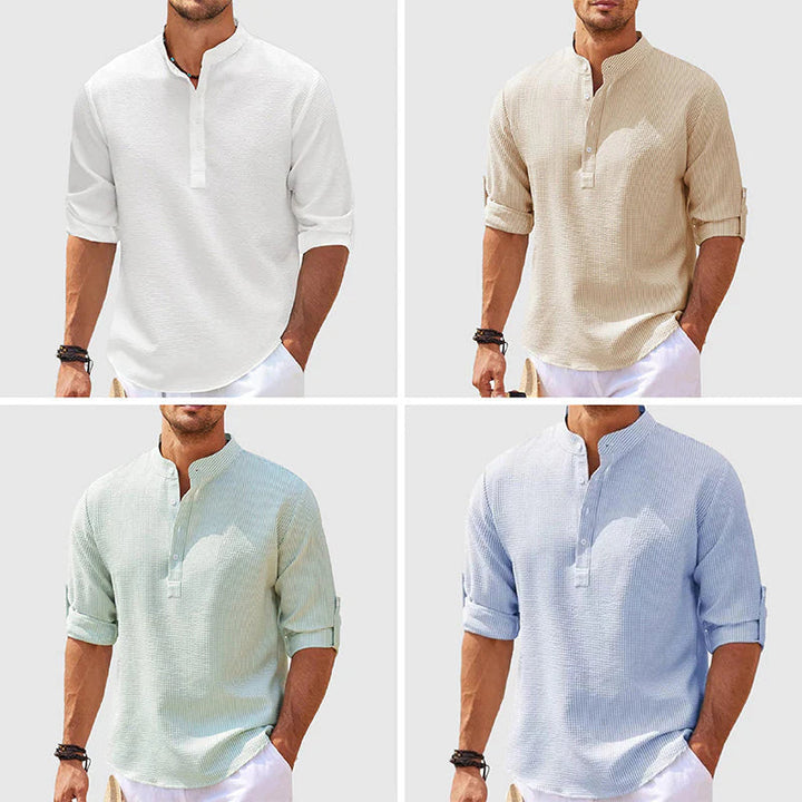 Stijlvol herenshirt met lange mouwen en opstaande kraag. Comfortabel en modieus voor herfst.