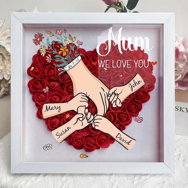 Moederdag cadeau idee: gepersonaliseerde namen bloemen in hout en acryl schaduwbox; sfeervolle decoratie.