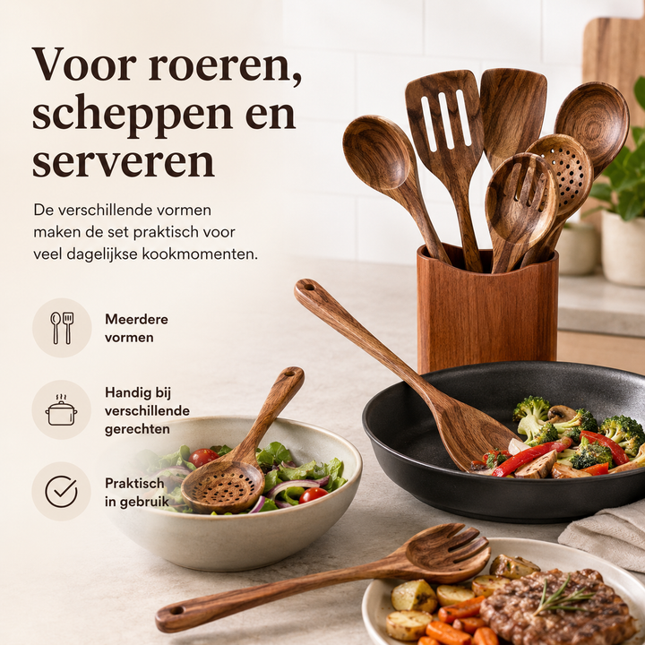 Stijlvolle 8-delige acaciahouten keukenset. Inclusief houten lepels en spatels voor serveer- en kookgemak.