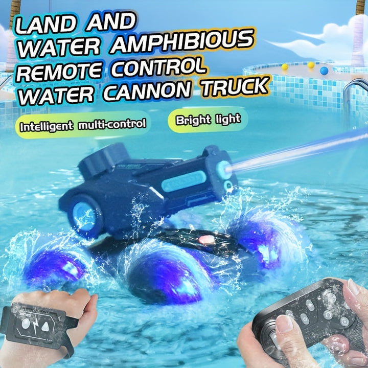 Gedetailleerde SplashRider amfibische RC truck, robuust ontwerp voor urenlang speelplezier op land en water.
