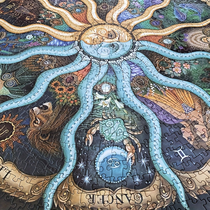 Voltooide 1000-delige sterrenbeeld puzzel als decoratie. Ronde vorm en levendige kleuren voor elke kamer.
