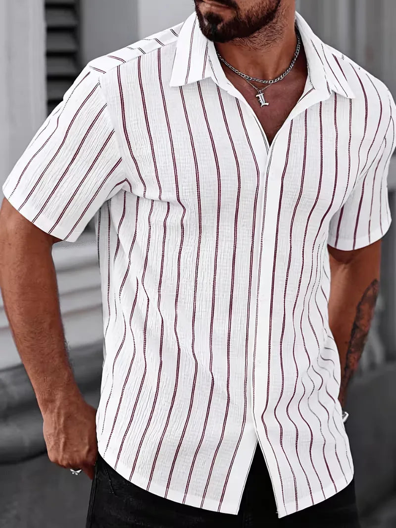 Zomers casual heren overhemd, korte mouw, verticale strepen, comfortabele regular fit.