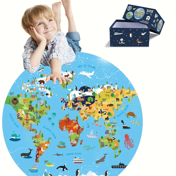 Ronde 70-delige vloerpuzzel voor kinderen met educatieve dieren wereldkaart; perfect gezinsspel.