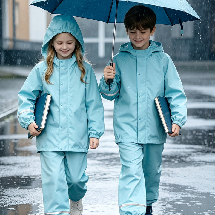 Detail van het weerbestendige, lichtgewicht materiaal van dit comfortabele kinder regenpak. Klaar voor de regen.