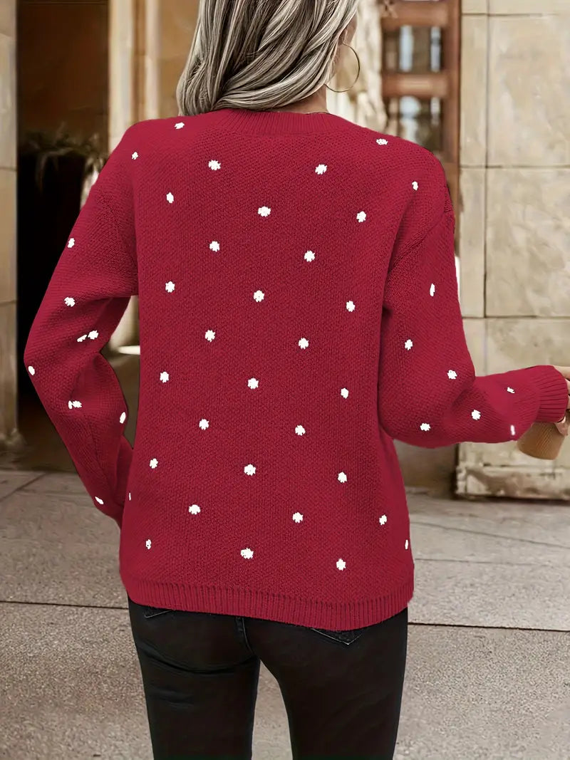 Trendy grijze polkadot dames trui, een must-have voor een comfortabele en modieuze look.