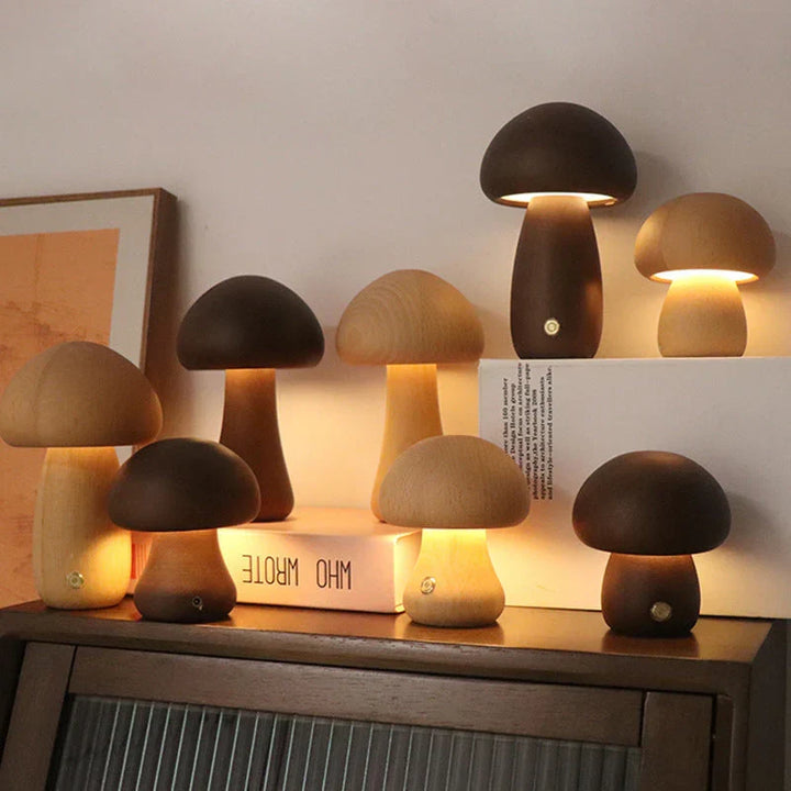 Houten kinderlamp, paddenstoel LED nachtlampje voor een magische sfeer in de kinderkamer.