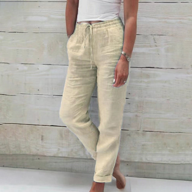 Comfortabele dames linnen broek, dun en ademend. De perfecte lichtgewicht zomerbroek voor ontspanning en stijl.