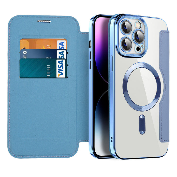 Premium RFID-beveiligde flip hoes voor iPhone 13, 14, 15, biedt volledige bescherming tegen stoten.