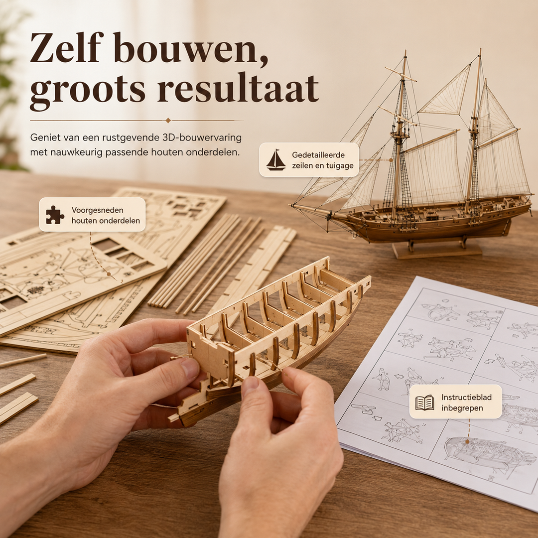 Houten zeilschip 3D puzzel bouwset. Ontspannende hobby voor volwassenen, uniek maritiem cadeau.